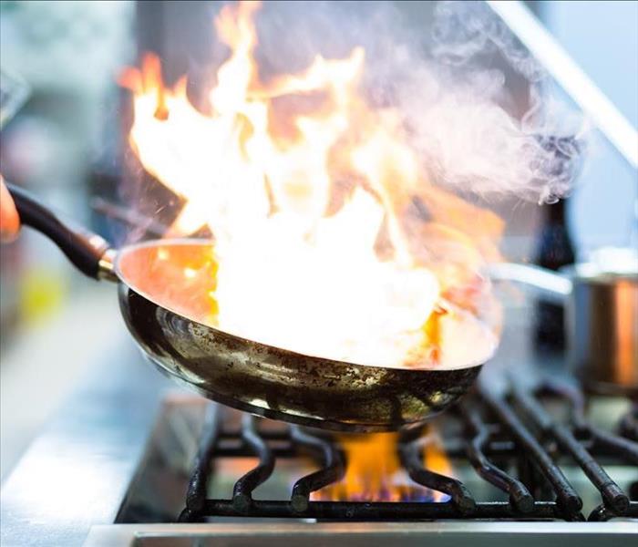 A frying pan on flames while cooking